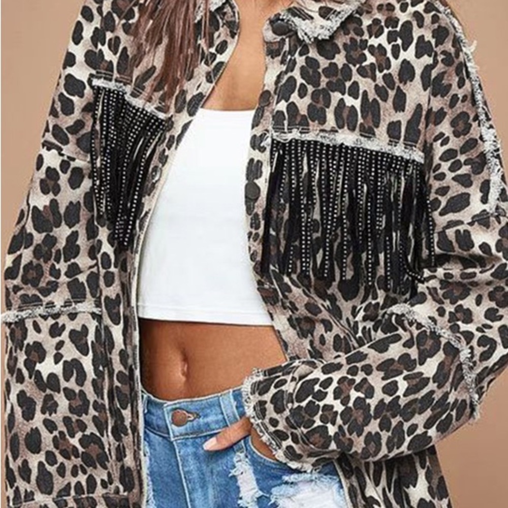 This stylish Leopard denim jacket is π₯. Complete with fringe and sparkle. - Picture 1 of 4